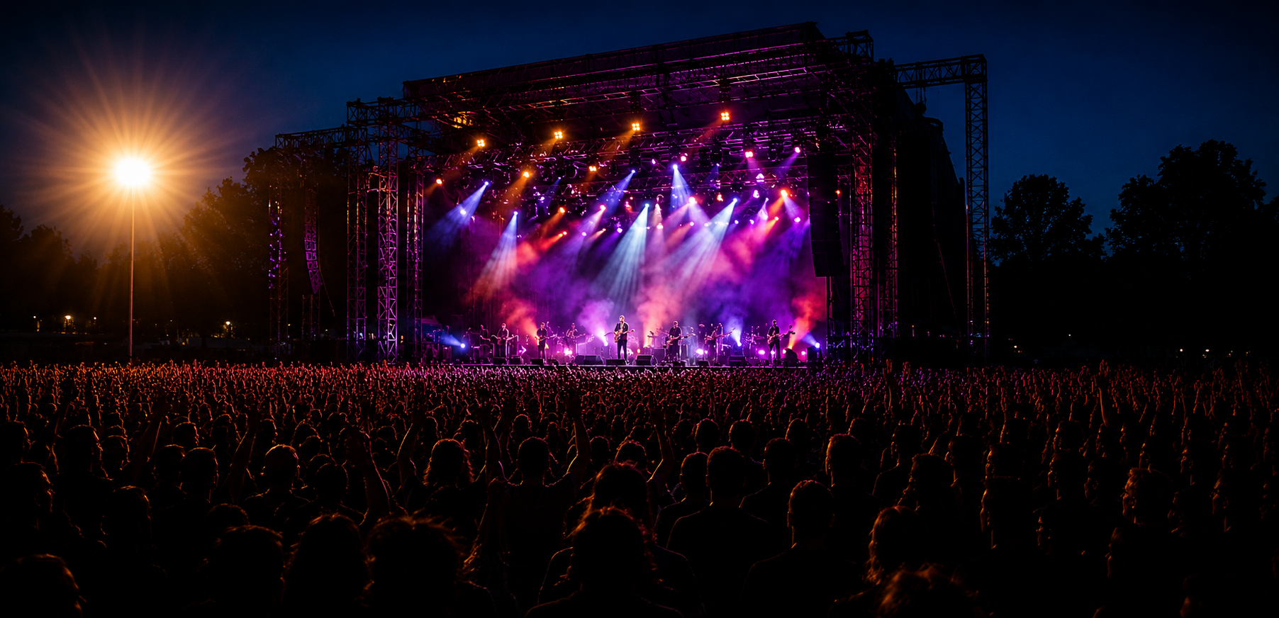 A packed festival crowd with hands raised in front of a brightly lit concert stage at night